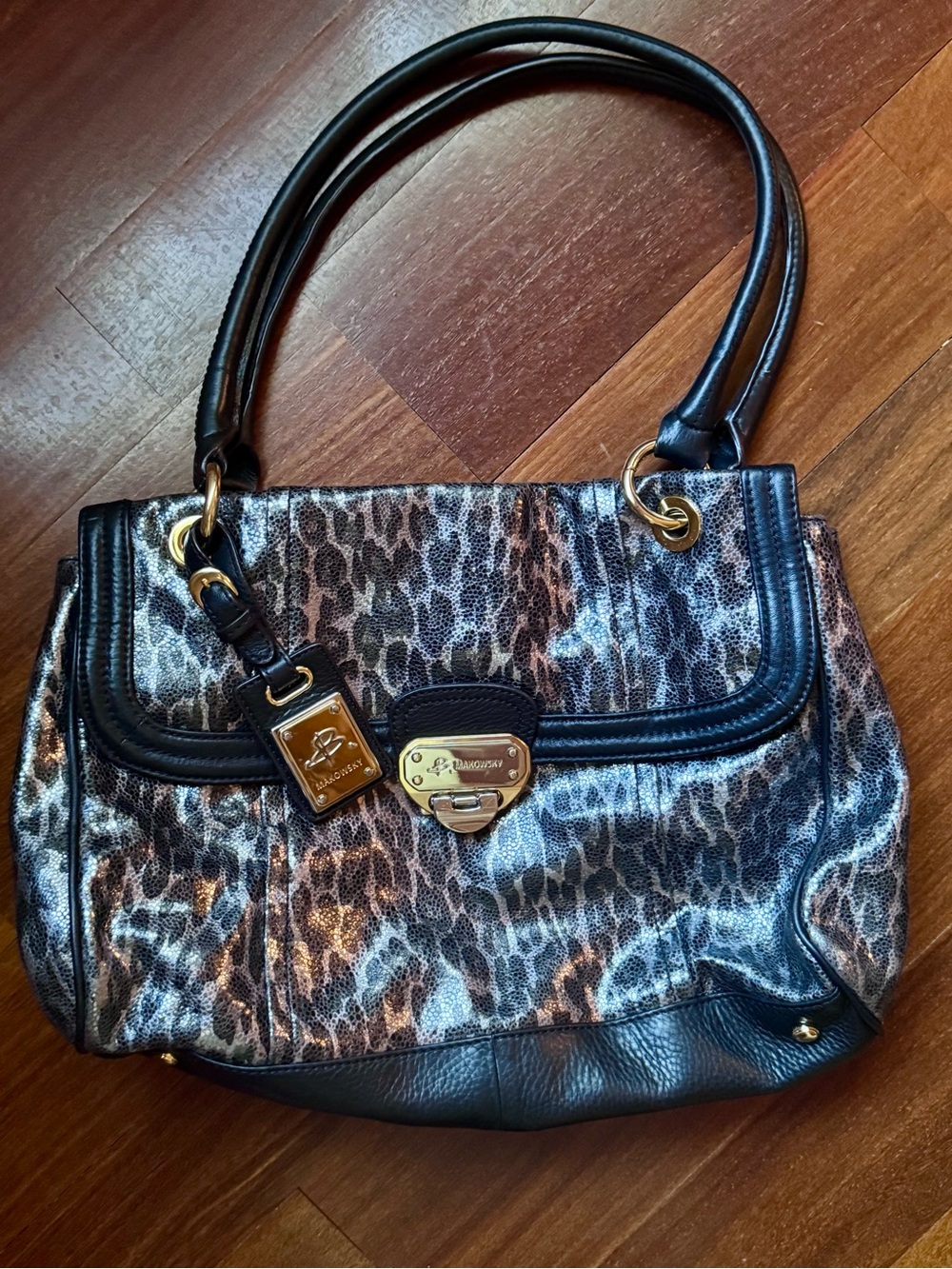 b. makowsky Black and Leopard Metallic Print Shoulder Bag with Gold Hardware